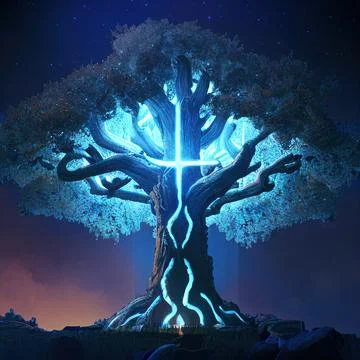 Big Realistic Ancient Tree Glowing With Bright Blue Light In The Dark Stock Illustration