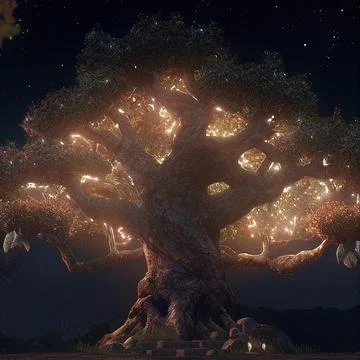 Big Realistic Ancient Tree Glowing With Bright Yellow Light In The Dark Stock Illustration