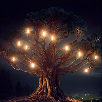 Big Realistic Ancient Tree Glowing With Bright Yellow Light In The Dark Stock Illustration