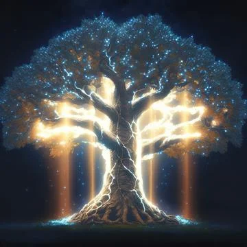 Big Realistic Ancient Tree Glowing With Bright Yellow Light In The Dark Stock Illustration