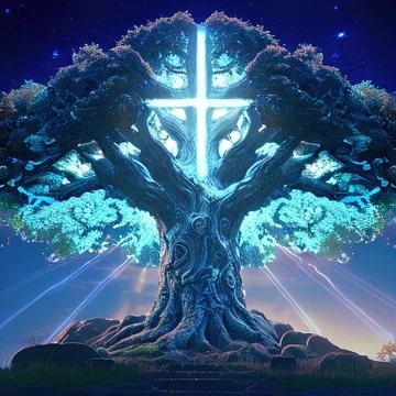 Big Realistic Ancient Tree Shining With Bright Blue Light In The Dark Stock Illustration