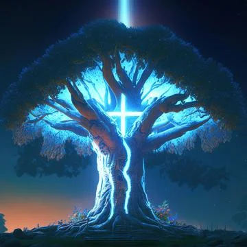 Big Realistic Ancient Tree Shining With Bright Blue Light In The Dark Stock Illustration
