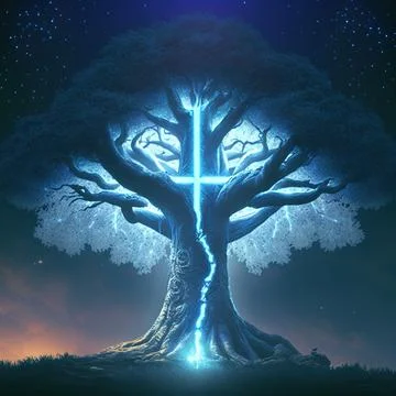 Big Realistic Ancient Tree Shining With Bright Blue Light In The Dark Stock Illustration