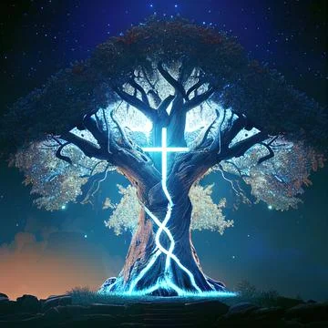Big Realistic Ancient Tree Shining With Bright Blue Light In The Dark Stock Illustration
