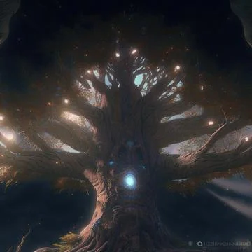 Big Realistic Ancient Tree Shining With Blue Light In The Dark Stock Illustration