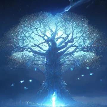 Big Realistic Ancient Tree Shining With Bright Blue Light In The Dark Stock Illustration