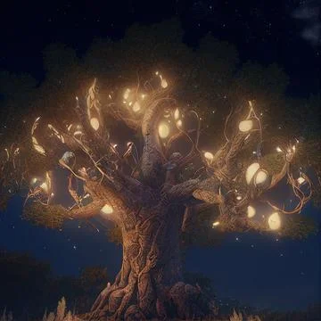 Big Realistic Ancient Tree Shining With Bright Yellow Light In The Dark Stock Illustration
