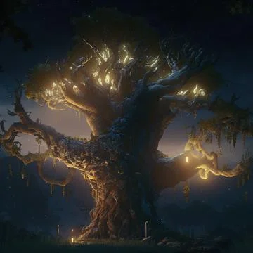 Big Realistic Ancient Tree Shining With Soft Yellow Light Stock Illustration