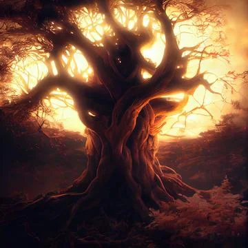 Big Realistic Ancient Tree Shining With Bright Yellow Light In The Dark Stock Illustration