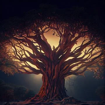 Big Realistic Ancient Tree Shining With Bright Yellow Light In The Dark Stock Illustration