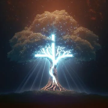 Big Realistic Ancient Tree Shining With Bright Blue Light In The Dark Stock Illustration