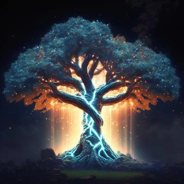 Big Realistic Ancient Tree Shining With Bright Yellow Light In The Dark Stock Illustration