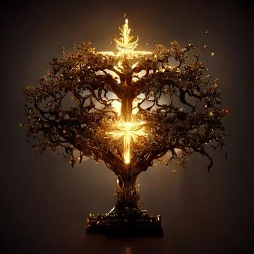 Big Realistic Ancient Tree Shining With Bright Yellow Light In The Dark Stock Illustration