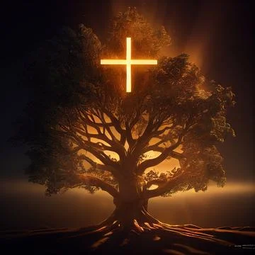 Big Realistic Ancient Tree Shining With Bright Yellow Light In The Dark Stock Illustration