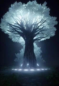Big Realistic Ancient Tree With White Illuminating Leaves In The Dark Stock Illustration