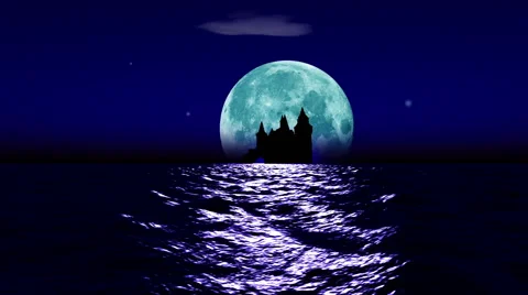 Big realistic moon rising over calm surface of ocean Video stock 43385404