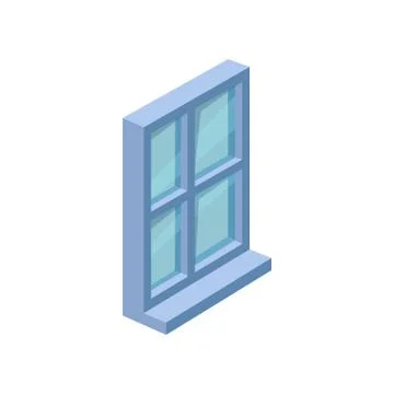 Big rectangular window with blue frame, windowsill and glass. Isometric vector 库存插图