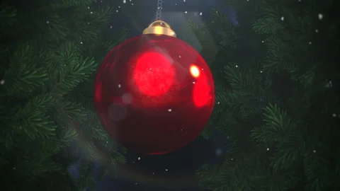 Big red ball and white snowflakes on green branches Video stock 166375528