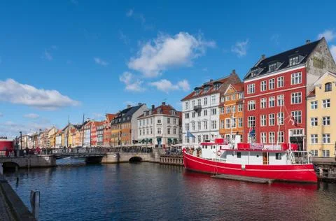 Big red boat moored in a canal in Copenhagen Stock Photos