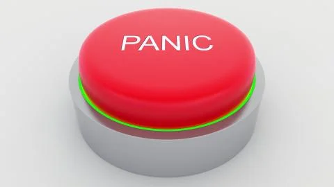 Big red button with panic inscription being pushed. Conceptual 3D rendering Stock Illustration