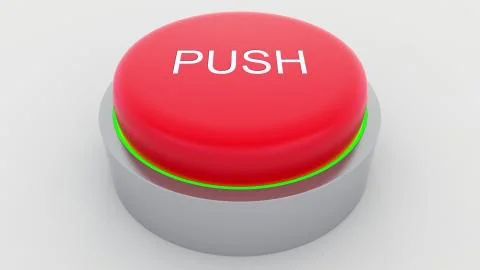 Big red button with push inscription being pushed. Conceptual 3D rendering 스톡 일러스트