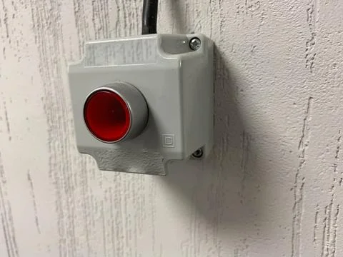 Big red button round shape, close-up Stock Photos
