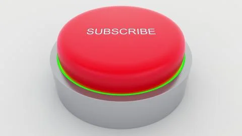 Big red button with subscribe inscription being pushed. Conceptual 3D rendering 스톡 일러스트