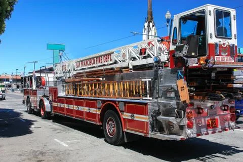Big red fire engine standing on the road Stock Photos