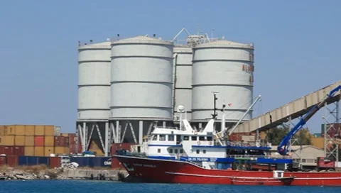 Big red freight ship in seaport Stock Footage 8568028