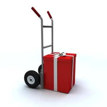 Big red gift box in a push cart Stock Illustration