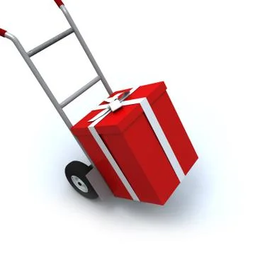 Big red gift box in a push cart Stock Illustration