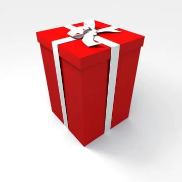 Big red gift box with a white ribbon on a neutral background Иллюстрация