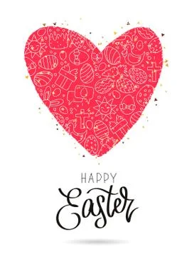 Big red heart with Easter icons Stock Illustration