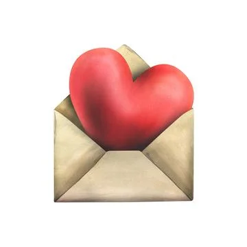 Big red heart inside a craft paper envelope, love letter. Hand drawn watercolor Stock Illustration