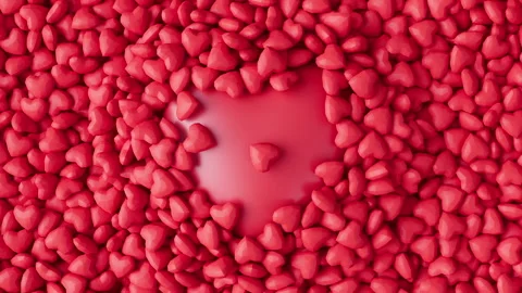 Big red heart pops from the pool with many polygonal hearts. Valentines day. 3d Stock Footage 261674509