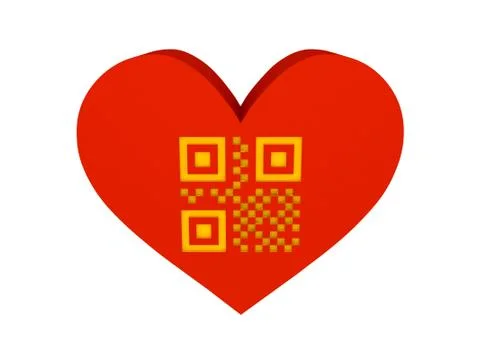 Big red heart with QR code symbol. Concept 3D illustration. Illustrazione stock