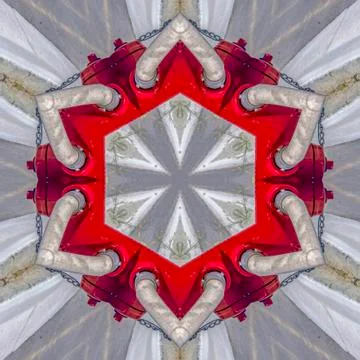 Big red hexagon from fire hydrant and hose Stockfoto's