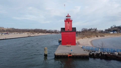 Big Red Lighthouse Aerial Video stock 123732567