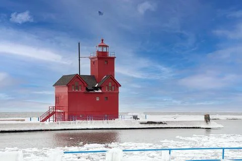 Big Red Lighthouse In Winter Stock Photos