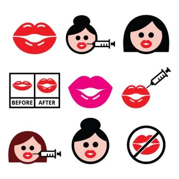 Big red lips, lip augmentation icons - beauty concept Stock Illustration