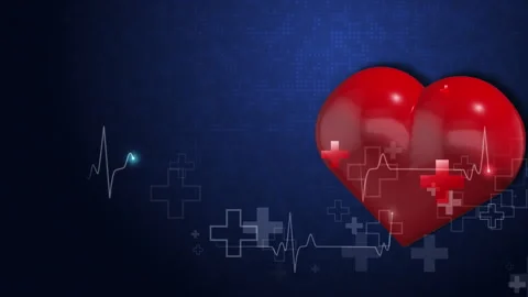 Big red pulsating 3D heart symbol of medicine. Crosses, cardiogram lines Stock-Footage 246532439
