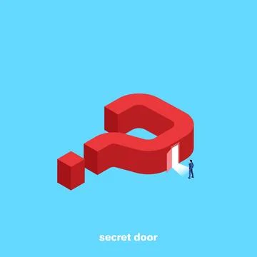 Big red question mark on a blue background and a man in a business suit enter Stock Illustration