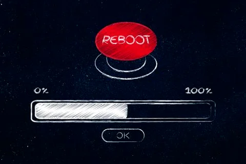 Big red reboot button with progress bar loading Stock Photos