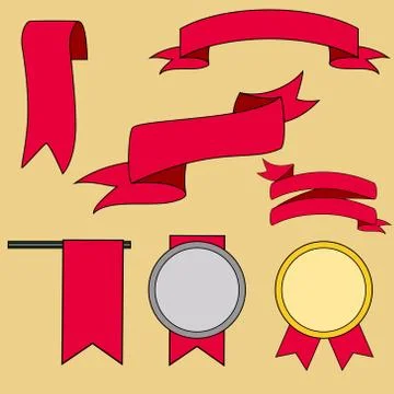 Big red ribbons set, isolated on beige background, illustration Stock Illustration