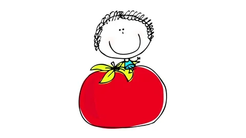 Big red shiny tomato falling from the sky and a little boy appearing bouncing Stock-Footage 130927957