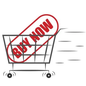 The big red square button buy now, one in a shopping trolley. イラスト素材