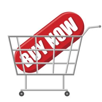 The big red square button buy now, one in a shopping trolley. Stock Illustration