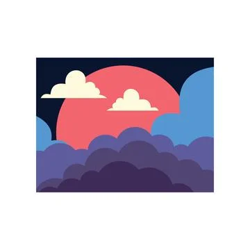 Big red sun shining behind some fluffy clouds over purple hills Stock Illustration