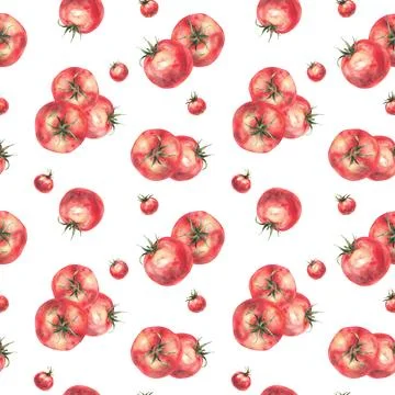 Big red tomatoes and cherry tomato variations watercolor seamless pattern. Hand Stock Illustration