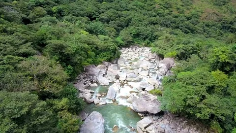Big River in the Amazon jungle rainforest. Water flowing through rocks. Stock Footage 76154068